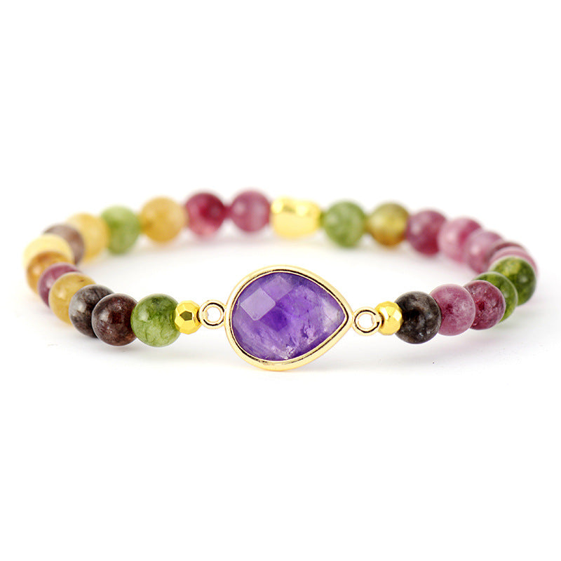 Natural Stone Amethyst Tourmaline Crystal Handmade Elastic Beaded Bracelet Jewelry