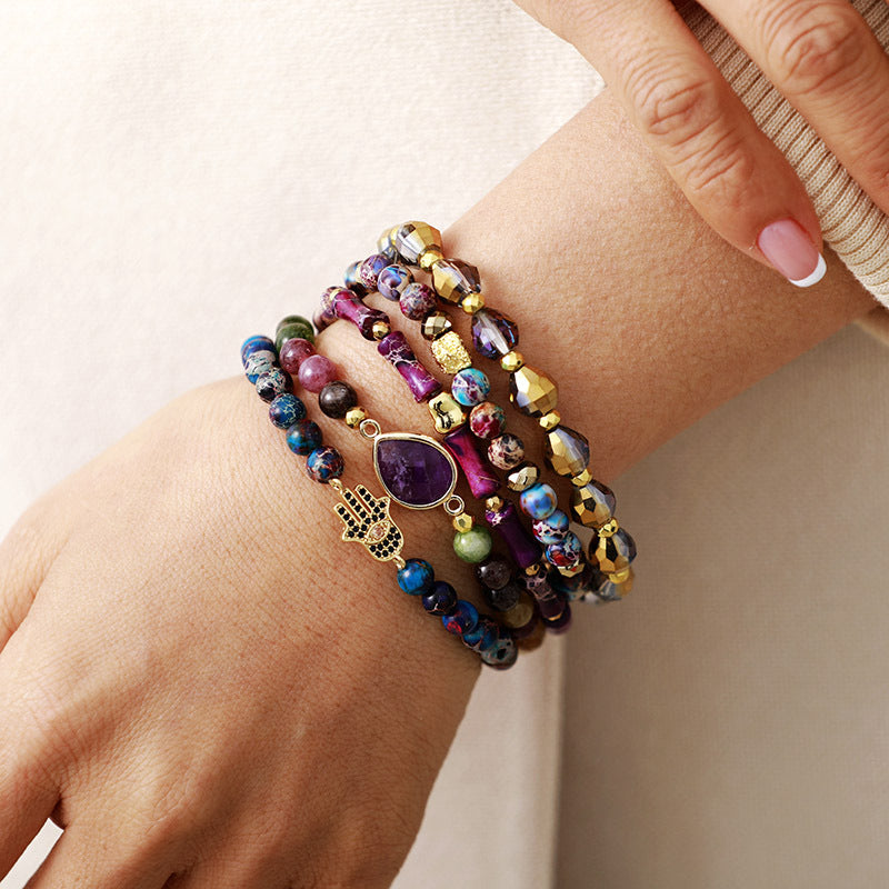 Natural Stone Amethyst Tourmaline Crystal Handmade Elastic Beaded Bracelet Jewelry