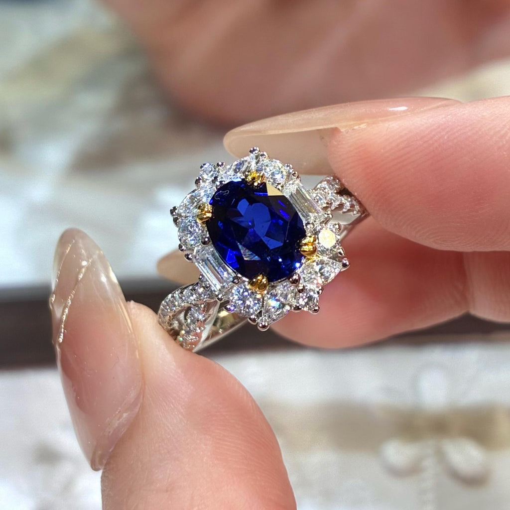 Back-cover Blue Spinel Color-changing Fully Diamond-encrusted Open Ring