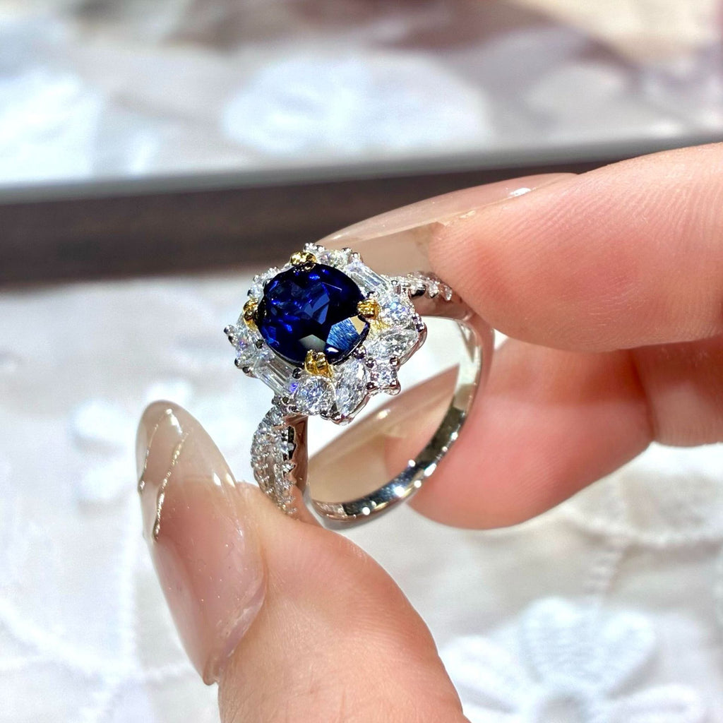 Back-cover Blue Spinel Color-changing Fully Diamond-encrusted Open Ring