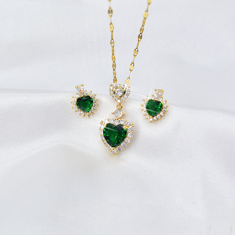 Women's Green Zircon Heart Set Necklace