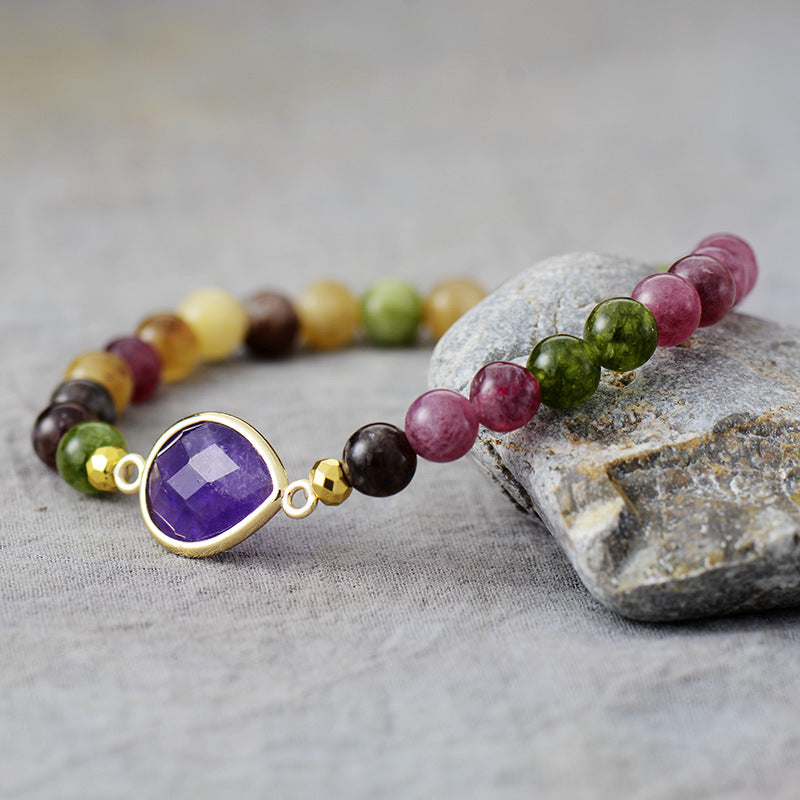 Natural Stone Amethyst Tourmaline Crystal Handmade Elastic Beaded Bracelet Jewelry