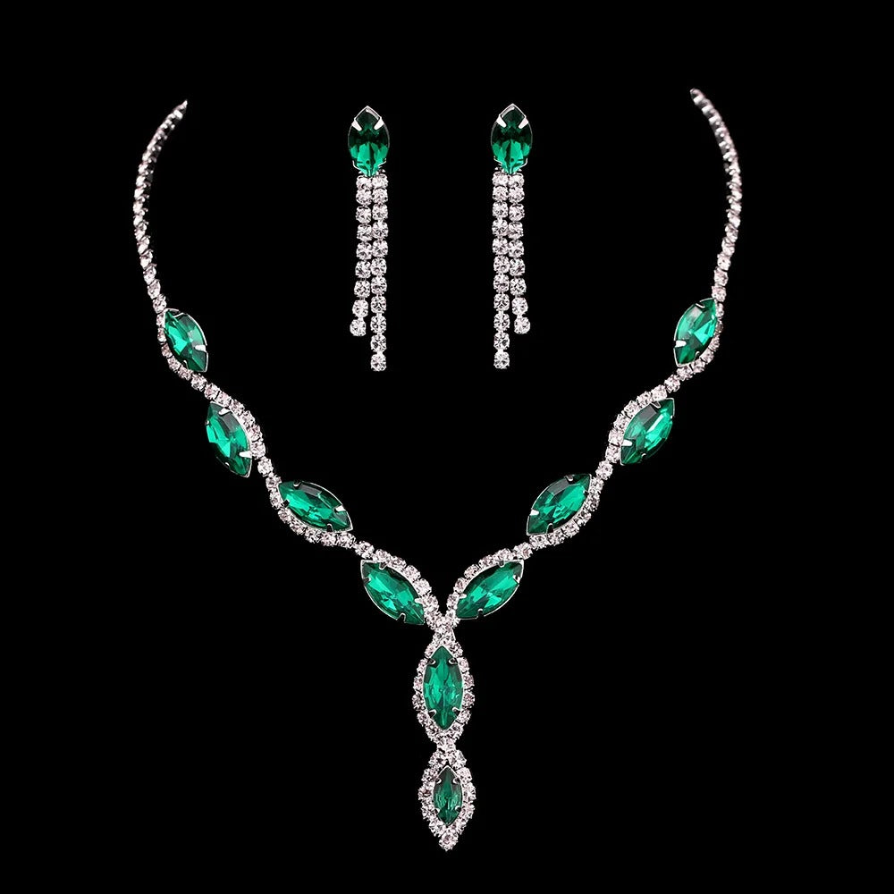 Luxury Crystal Flower Tassel Necklace & Earrings Set for Women – Blue, Red & Green Prom Wedding Bridal Jewelry