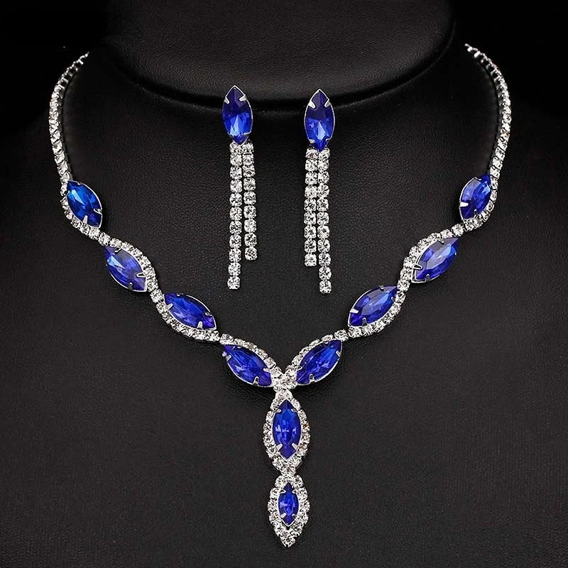 Luxury Crystal Flower Tassel Necklace & Earrings Set for Women – Blue, Red & Green Prom Wedding Bridal Jewelry