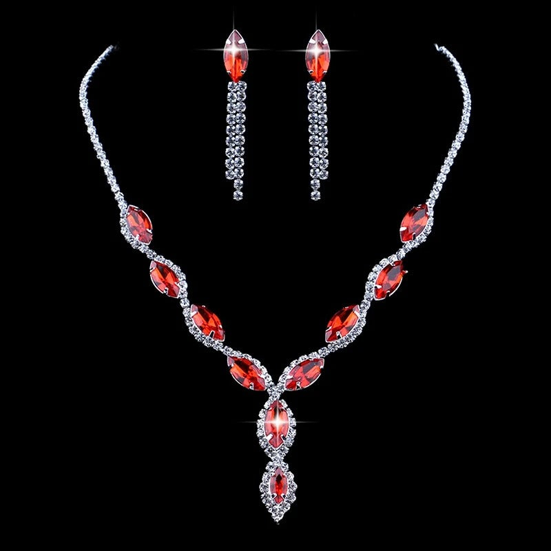 Luxury Crystal Flower Tassel Necklace & Earrings Set for Women – Blue, Red & Green Prom Wedding Bridal Jewelry