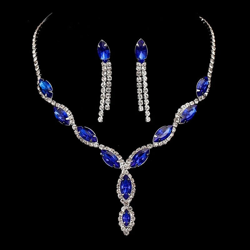 Luxury Crystal Flower Tassel Necklace & Earrings Set for Women – Blue, Red & Green Prom Wedding Bridal Jewelry