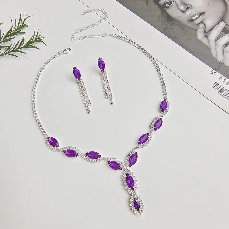 Luxury Crystal Flower Tassel Necklace & Earrings Set for Women – Blue, Red & Green Prom Wedding Bridal Jewelry